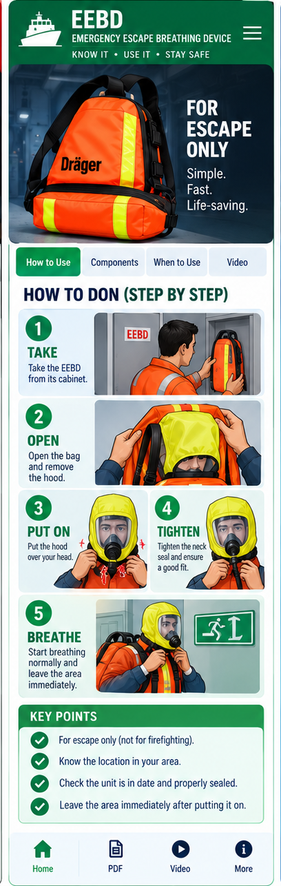 EEBD — EMERGENCY ESCAPE BREATHING DEVICE educational illustration